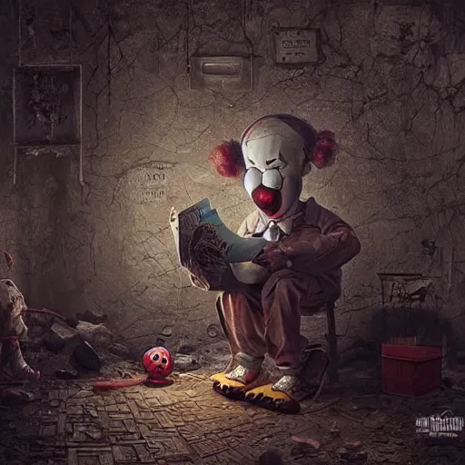 Prompt: michal karcz cartoon painting of a clown. , horror theme, detailed, elegant, intricate, 4k,