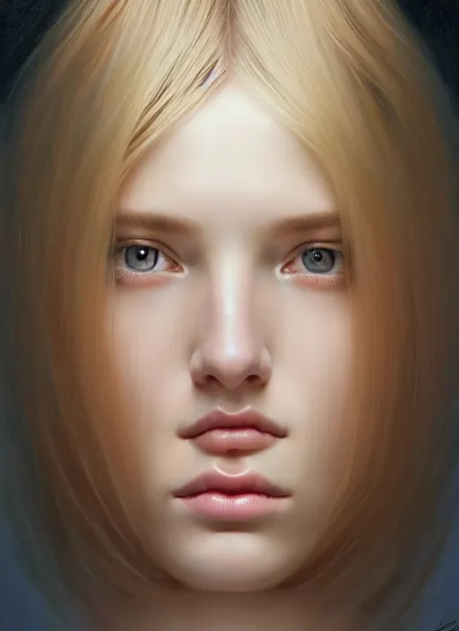 Image similar to beautiful symmetrical face, portrait of young woman blessed with ever - increasing physical and mental perfection, realism, blonde hair, perfect face!! intricate, elegant, highly detailed, vision of holy perfection!! digital painting, artstation, concept art, smooth, sharp focus, illustration, humanity, art by artgerm and greg rutkowski and alphonse mucha