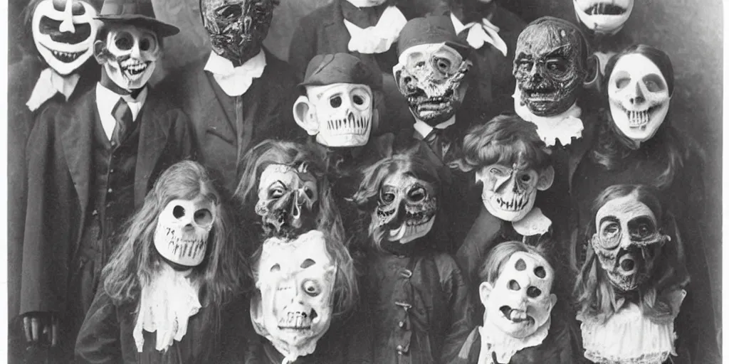 Image similar to victorians wearing vintage scary halloween mask, 1 9 0 0 s picture