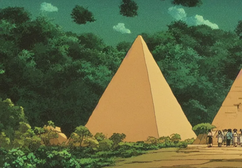 Image similar to a movie still from a studio ghibli film showing several large white pyramids and a golden ufo in the amazon jungle. very muted colors