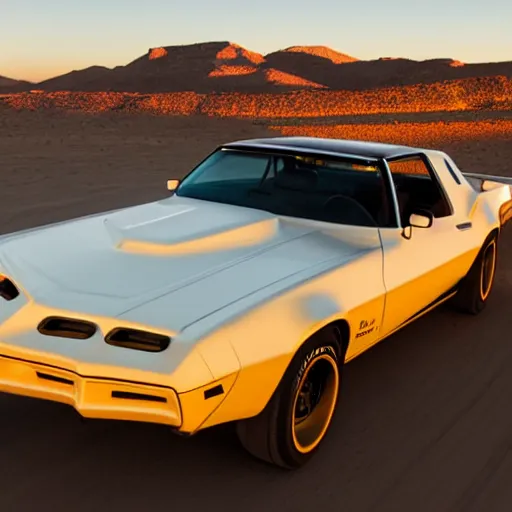 Image similar to kitt the incredible car black transam cruising the desert at magic hour, 8K