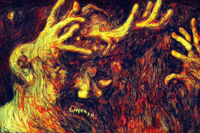 Image similar to painting of a monster in the style of trevor henderson and james ensor goya, liminal space, 3 d render, glitch effect