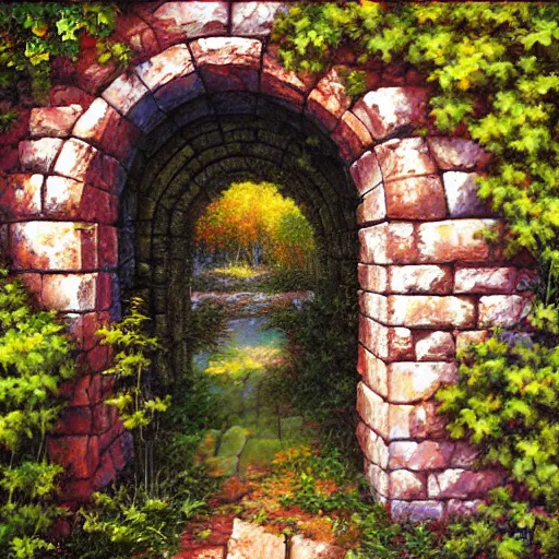 Image similar to colorful marc simonetti and Mark Keathley impasto!! acrylic painting of the slate stone gateway of a forgotten civilization. vines and creepers, stone etchings