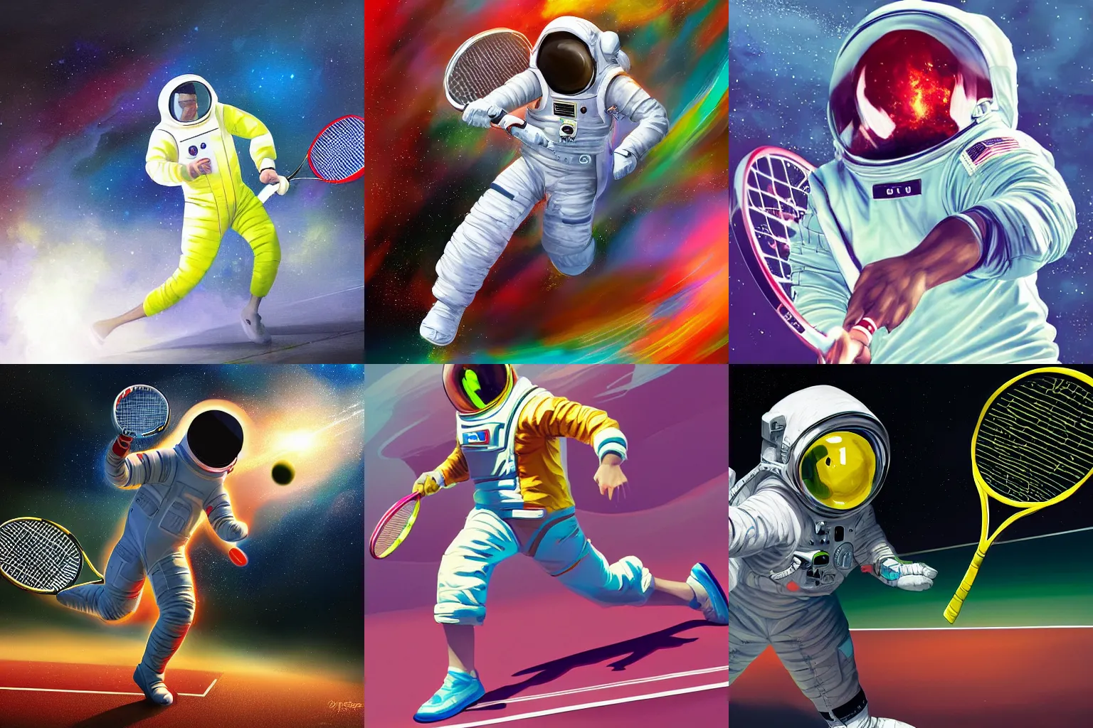 Prompt: digital painting of an astronaut playing tennis, trending on Artstation, action shot, beautiful, vivid colors, hyperdetailed