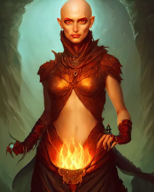 Prompt: Human :: Sorceress, pretty, beautiful, DnD character art portrait, bald, fire magic, fire tattoos, matte fantasy painting, DeviantArt Artstation, by Jason Felix by Steve Argyle by Tyler Jacobson by Peter Mohrbacher, cinematic lighting.