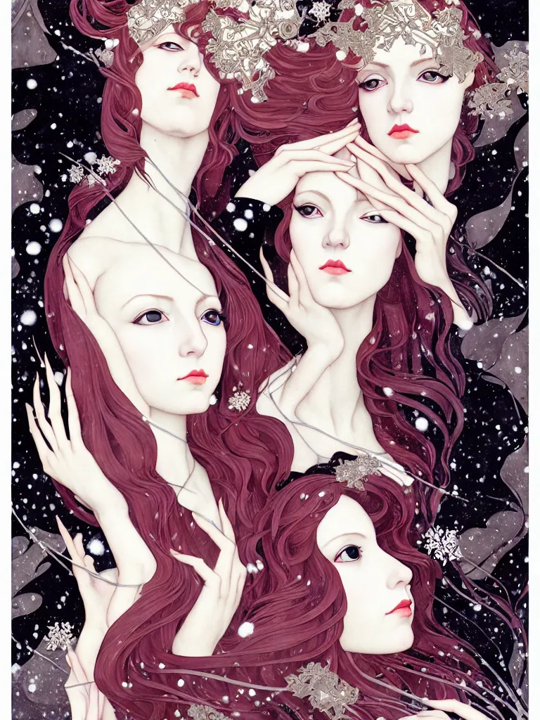 Image similar to 3!!!!!! winter muses, style mix of æon flux, shepard fairey, botticelli, ivan bilibin, john singer sargent, pre - raphaelite, shoujo manga, harajuku fashion, dormant nature, snow, ice, dark muted triad colors, superfine inking, ethereal, 4 k photorealistic, arnold render