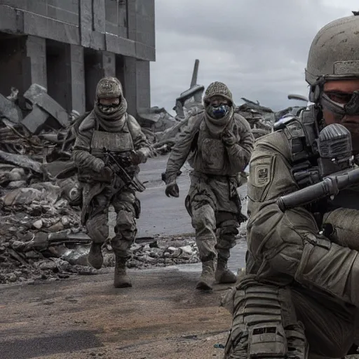 Prompt: Special Forces in grey uniform fighting in a ruined city in 2022, photo by Adam Ferguson, Pulitzer Winning, cinematic composition, breathtaking, modern, 2022