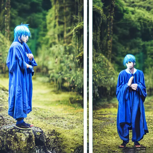 Image similar to rimuru tempest, young man blue hair, canon eos r 3, f / 1. 4, iso 2 0 0, 1 / 1 6 0 s, 8 k, raw, unedited, symmetrical balance, in - frame