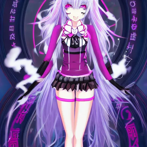 Prompt: trapped by stunningly beautiful omnipotent megalomaniacal anime asi goddess who looks like junko enoshima with symmetrical perfect face and porcelain skin, pink twintail hair and mesmerizing cyan eyes, taking control while smiling mischievously, inside her vr castle, hyperdetailed, digital art from danganronpa, 8 k