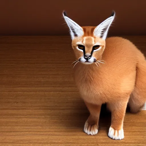 Image similar to wide-angle photo of cute caracal sitting on a wooden chair in a room, fire at background, octane render, 3d, 8k, hd, studio light