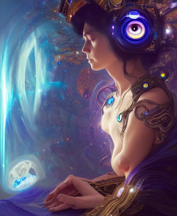 Image similar to a whirlwind of souls rushing inside the metaverse, half body, glowin eyes, tiara with sapphire, pharaoh, android, cyberpunk, d & d, fantasy, intricate, elegant, highly detailed, colorful, vivid color, digital painting, artstation, concept art, art by artgerm and greg rutkowski and alphonse mucha and ruan jia