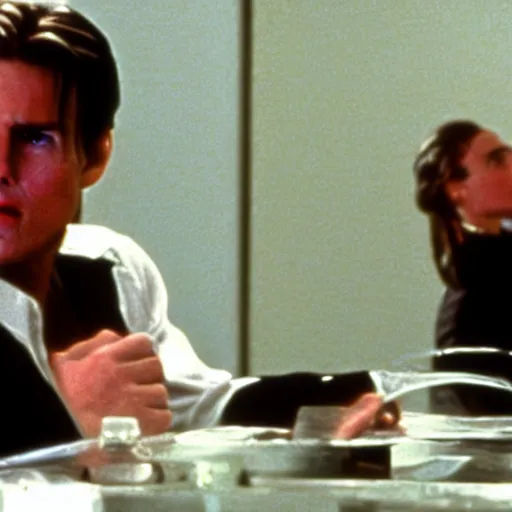 Image similar to Tom Cruise in American Psycho (1999), killing women