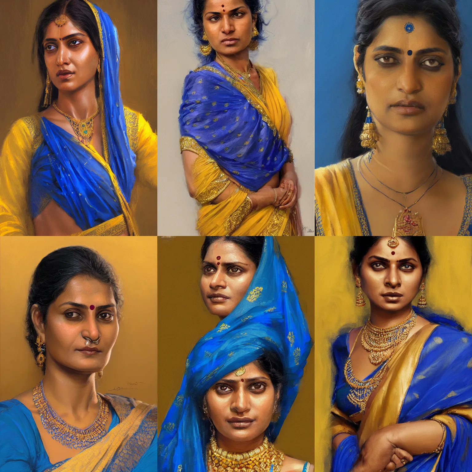 Prompt: an indian woman in a blue and gold sari, closeup character portrait art by Donato Giancola, Craig Mullins, digital art, trending on artstation, Iliescu, Iliescu, Iliescu