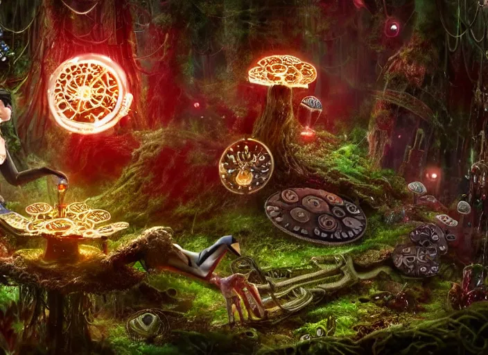 Prompt: 35mm intricate mechanical fairy with visible gears and electronics and optic Fibres sitting on top of a mushroom in a magical forest, having tea with a giant minotaur. Very detailed 8k. Fantasy cyberpunk horror. Sharp. Cinematic post-processing