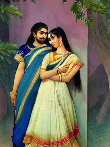 Image similar to water color painting, artwork by raja ravi varma, of a solo individual portrait of a guy and a girl in love, dapper, simple illustration, nostalgic, in love, full of details