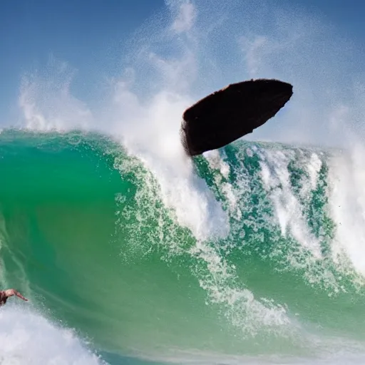 Prompt: a medium rare steak surfing the big waves at mavericks, high contrast, slow - mo high speed photography, water splashing, summertime water park