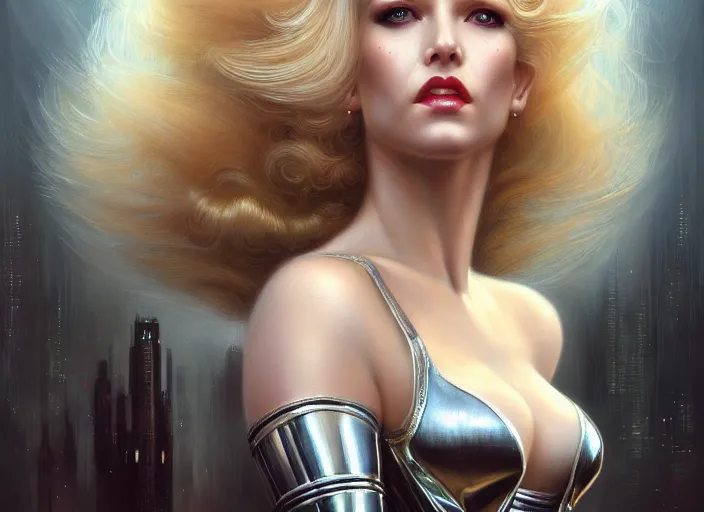 Image similar to portrait shot of blonde women in bladerunner wearing a shiny metal corset, intricate, elegant, highly detailed, centered, digital painting, artstation, concept art, smooth, sharp focus, illustration, artgerm, tomasz alen kopera, peter mohrbacher, donato giancola, joseph christian leyendecker, wlop, boris vallejo