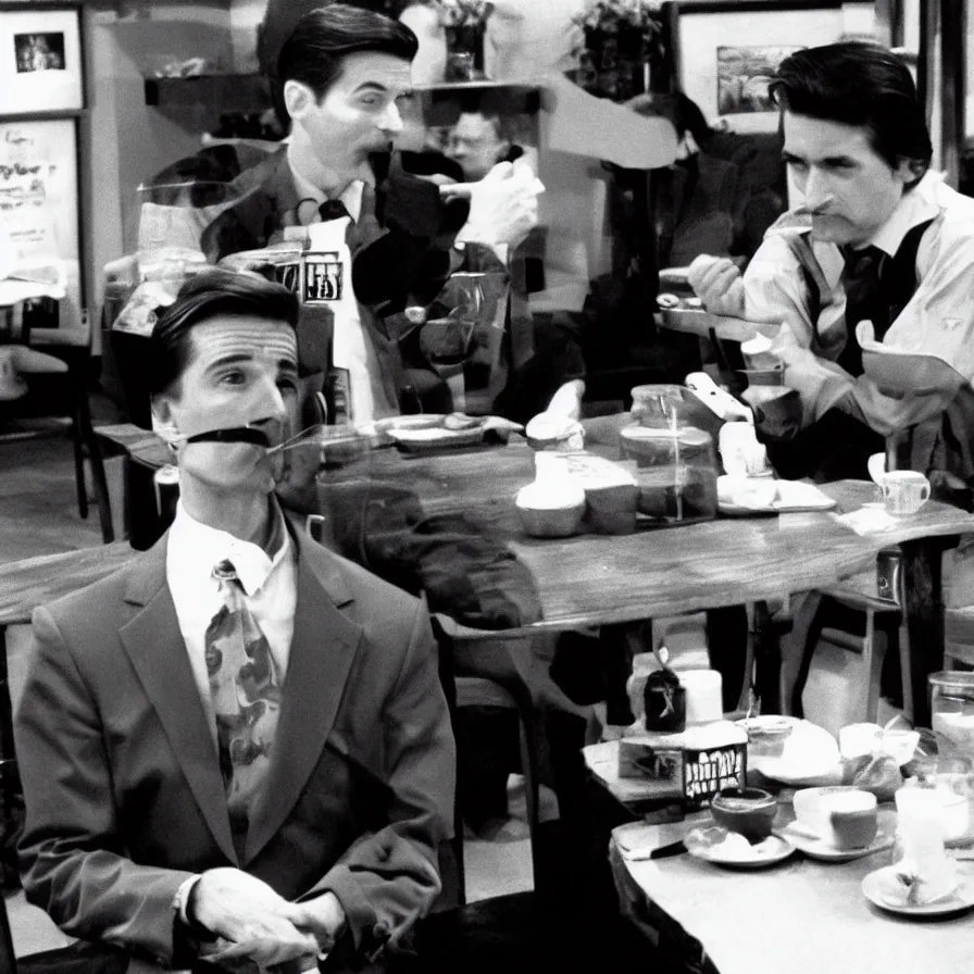 Image similar to special agent dale cooper at a cat cafe, twin peaks, television 1980s