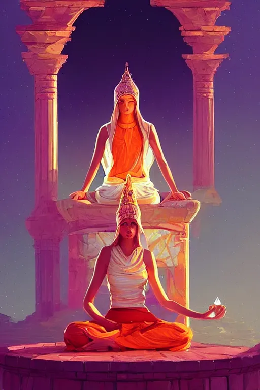 Prompt: a beautiful serene high priestess sits between moonstone pillars in quiet contemplation holding the divine law in her lap, 8 k resolution digital painting, vibrant colors, by michael whelan, by alena aenami, behance hd, trending on artstation deviantart