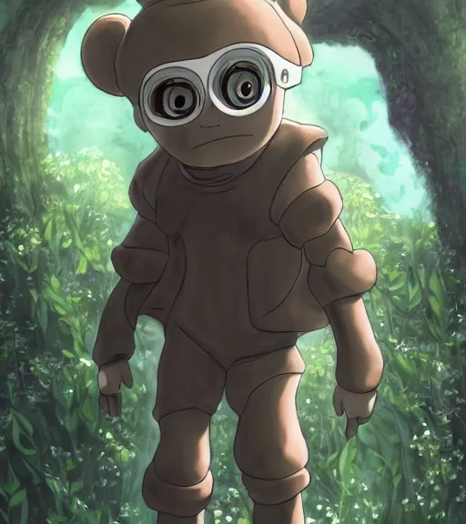 Prompt: beautiful little boy wearing an cyborg bear suit, artwork in kentaro miura and made in abyss and rosdraws and codename : kids next door, smooth, beautiful lightness, anatomically correct, trending on pixiv, forest
