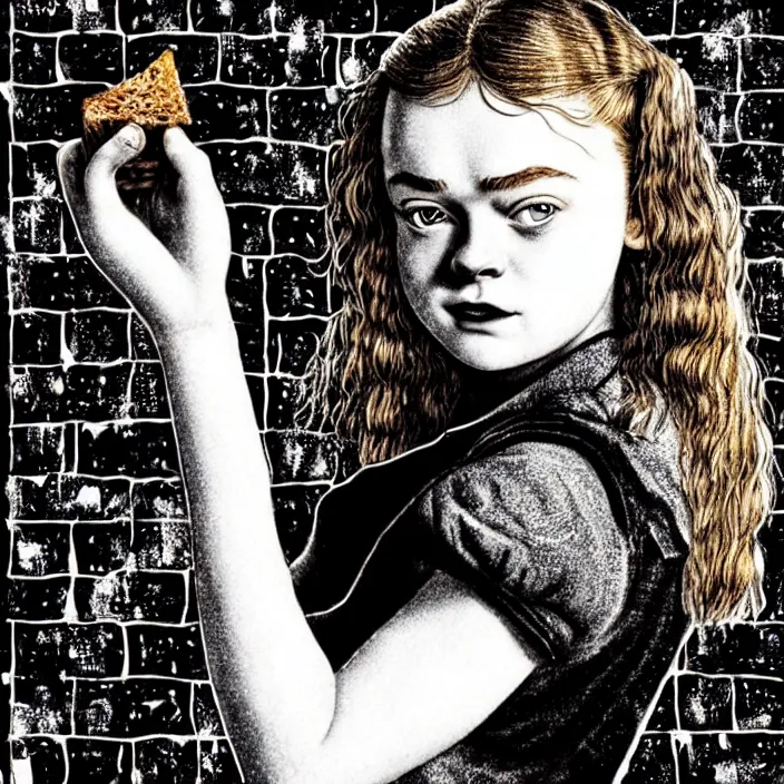 Image similar to extreme close - up on sadie sink as a miner : she lifts a slice of bread with her hand. background : black tiles on walls. black and white, pencil and ink. by gabriel hardman, joe alves, chris bonura. cinematic atmosphere, detailed and intricate, perfect anatomy