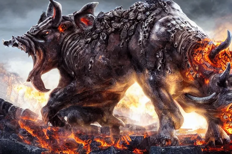 Prompt: immense, colossal demon boar. brutal. with bulging muscles. wearing a silver mesh necklace filled with amber. rampaging across the burning ruins of an ancient city.