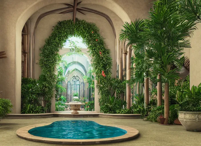 Image similar to cathedral interior with koi pond in the middle surrounded by palm trees, ivy, flowers, tropical plants, roses, and with archways. rendered in octane render with photorealistic lighting