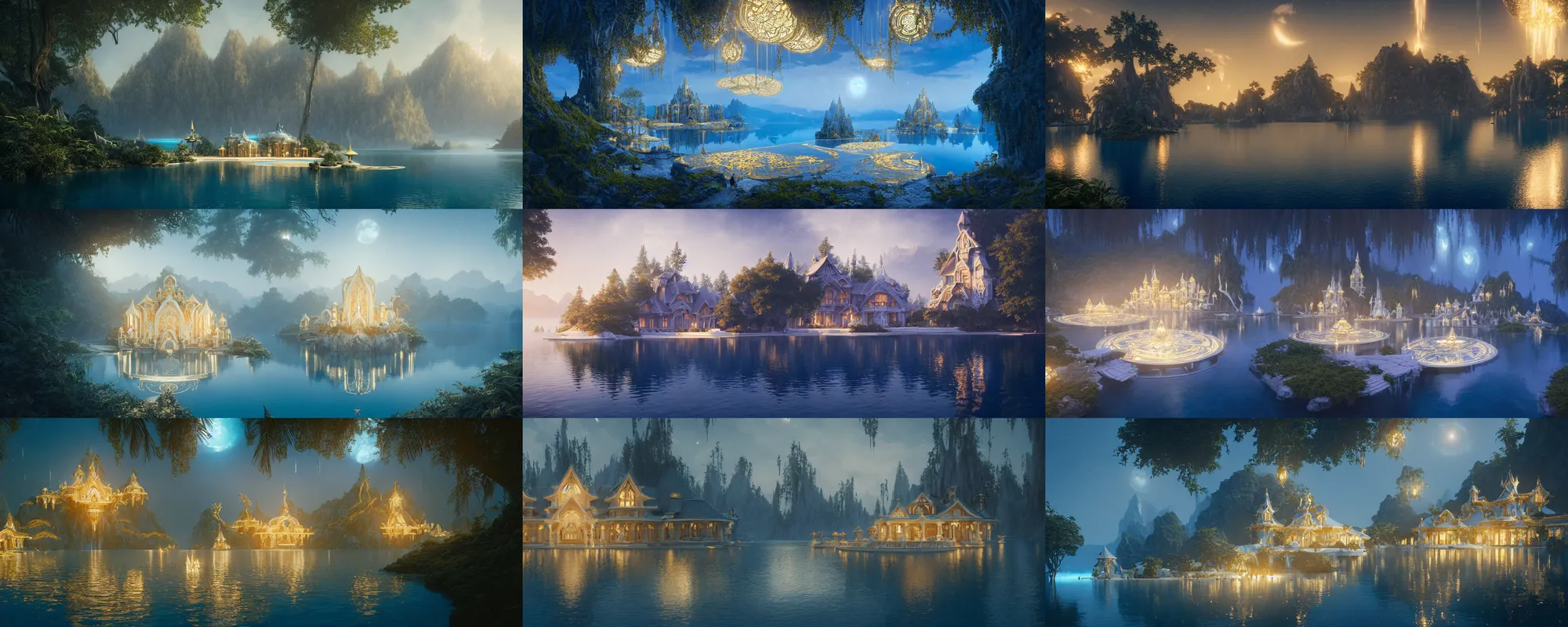 Image similar to a gorgeous symmetrical paradise palace, starlit, lakes, fantasy, fairy tale, artstation, matte painting, artstation, octane render, caleb worcester, samuel beal. ultra clear detailed. white, deep blue and light gold color scheme.