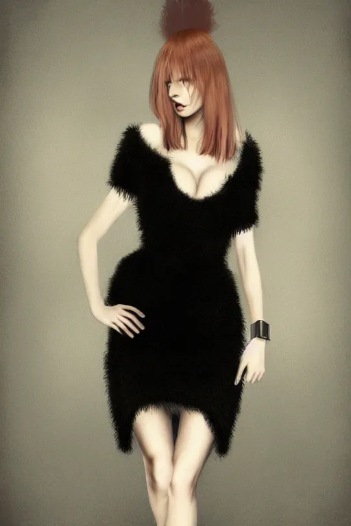 Image similar to full body aesthetic digital illustration of a beautiful young woman in a furry black mini dress, by wlop and Julia Razumova, realistic, Vogue, magazine photography, photorealistic, deviantArt, trending on artstation, artstation HQ