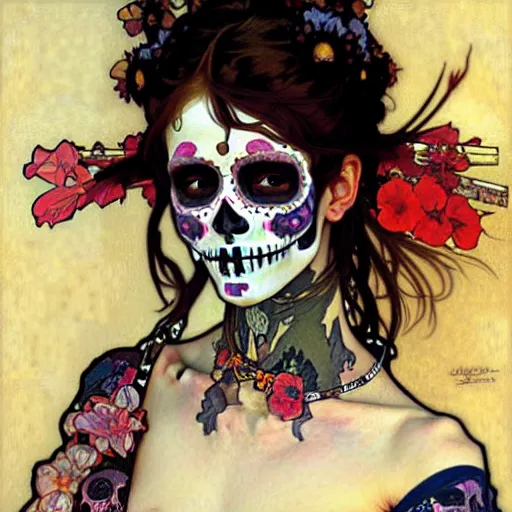 Image similar to realistic detailed painting of a cute punk Día de los Muertos girl by Alphonse Mucha Egon Schiele Ayami Kojima Amano Charlie Bowater, masterpiece