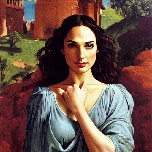 Image similar to Oil painting of the beautiful woman Gal Gadot, she is wearing some withe old cloths and a surreal ornate, her hair is natural disheveled, she has an ancient italian village as background, naturalism, dramatic lighting, high-detailed oil painting by Ilya Repin, Michelangelo da Caravaggio, William Blake, Alex Grey and Beksinski, trending on Artsatio, masterpiece, 4k, 8k,