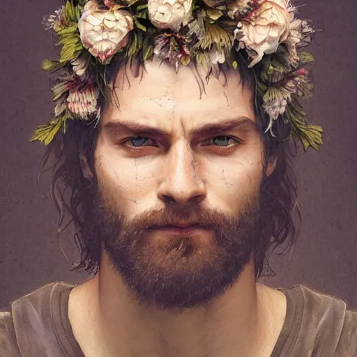 Image similar to portrait of the god of the meadow, 30 years old, meadow, flower crown, rugged, male, gorgeous, detailed face, amazing, hairy torso, muscular, intricate, highly detailed, digital painting, artstation, concept art, sharp focus, illustration, art by greg rutkowski and alphonse mucha
