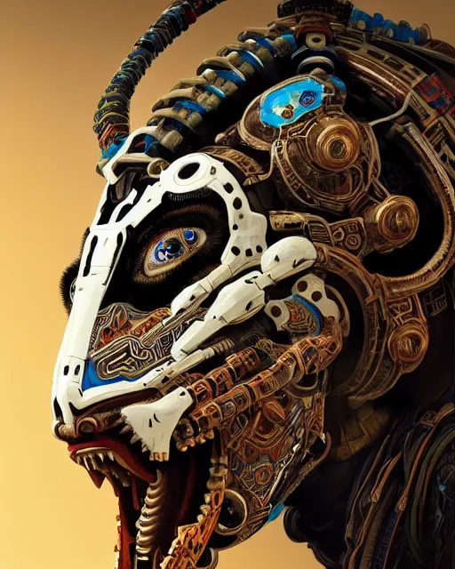 Image similar to portrait of a machine from horizon zero dawn, machine face, upper body, decorated with chinese opera motifs, asian, traditional chinese art, intricate, elegant, highly detailed, digital painting, artstation, concept art, smooth, sharp focus, illustration, art by artgerm and greg rutkowski and alphonse mucha, 8 k