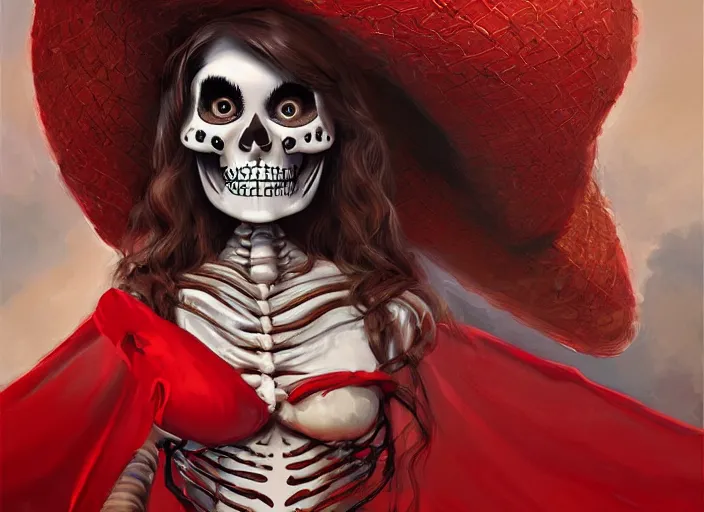 Prompt: cute & beautiful smiling mexican undead skeleton girl wearing a sombrero and a wide red dress, elegant, digital art, fantasy, pixar style, painting, pin up, highly detailed, artstation, art by artgerm, john la farge and boris vallejo