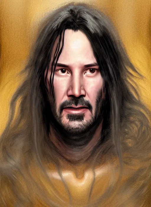 Image similar to Portrait of Keanu Reeves, silver long hair, cloak, male, fantasy, extremely detailed, digital painting, artstation, concept art, smooth, sharp focus, illustration, stunning lighting, art by artgerm and greg rutkowski and alphonse mucha and simon stalenhag, realistic character concept, low fantasy, light atmosphere, golden ratio, cinematic lighting, hyperdetailed, high resolution, insanely detailed and intricate, artstation, Marc Simonetti, Greg Rutkowski, 8k