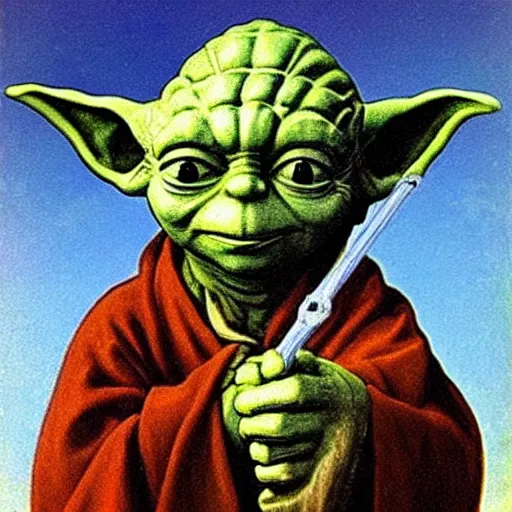 Image similar to yoda as a knight oil on canvas, 1883