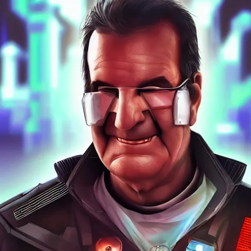Prompt: cyberpunk phil swift as the leader of a futuristic communist nation, cybernetics, sharp lines, digital, artstation, colored in