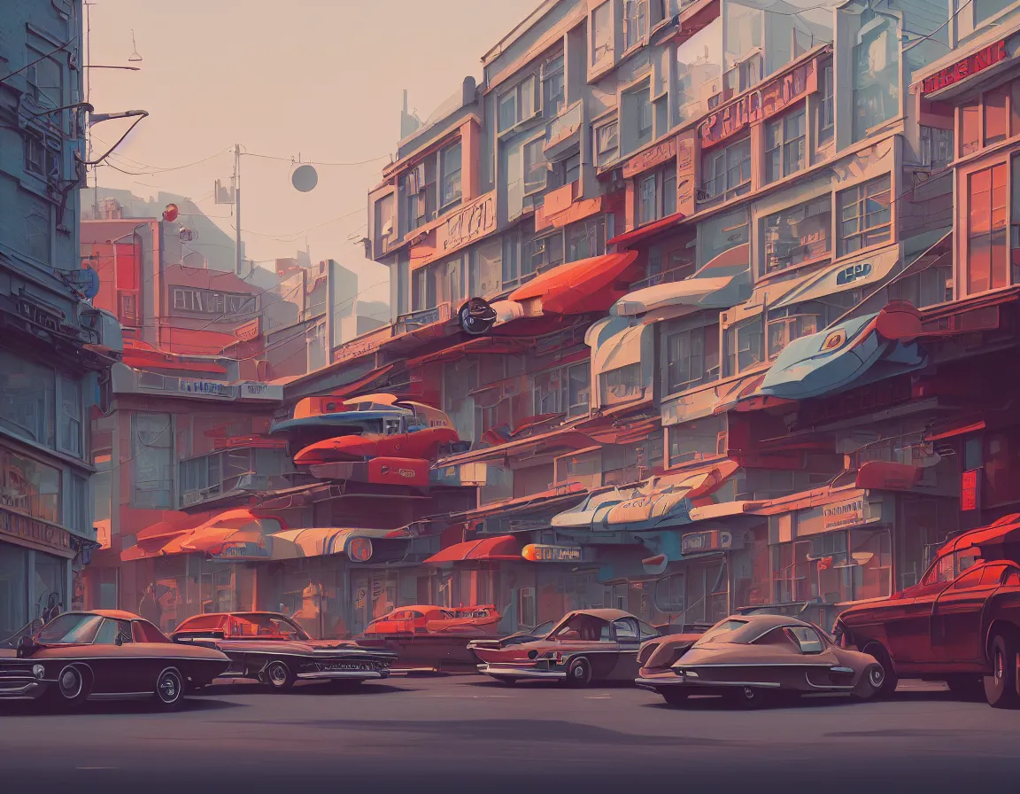 Prompt: retrofuturistic environment storefronts and cars, close up, quint buchholz, wlop, dan mumford, artgerm, liam brazier, peter mohrbacher, raw, featured on artstation, octanerender, cinematic, rugged, intricate, 8 k