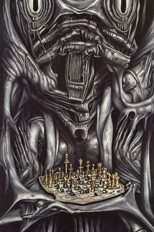 Prompt: chess painted in the syle of giger, giger art, extremely detailed, 4 k