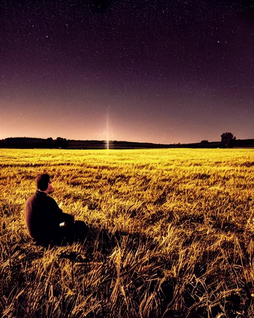 Image similar to man sitting in a huge field star filled night sky, crewdson, gregory, wide angle, surreal