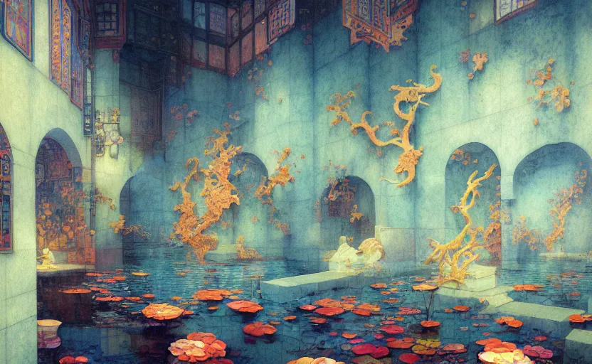 Image similar to tiled room squared waterway, fantasy. intricate, amazing composition, colorful watercolor, by ruan jia, by maxfield parrish, by marc simonetti, by hikari shimoda, by robert hubert, by zhang kechun, illustration, gloomy