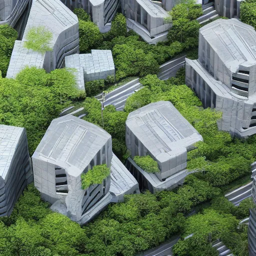 Prompt: brutalist architecture surrounded by nature, vegetation integrated into buildings, japan, octane render, high detail, 4 k