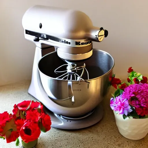 Prompt: a kitchenaid mixer full of branches, twigs, plants, and flowers