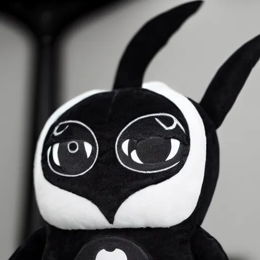 Prompt: close up potrait of an adorable grim reaper plush with black evil eyes, bat wings and venom's mouth, 4k, digital art, no artifacts, the whole image has a soft blur ethereal glow, yin yang symbols are on the background