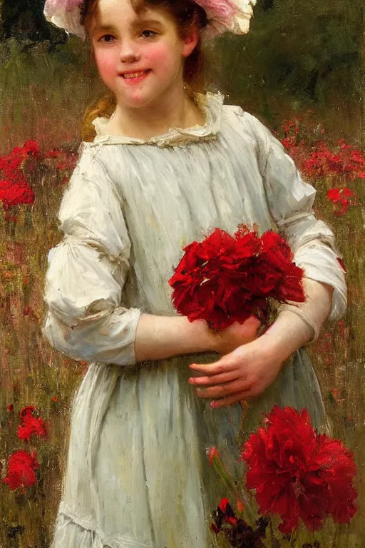 Image similar to Solomon Joseph Solomon and Richard Schmid and Jeremy Lipking victorian genre painting portrait painting of a happy young village girl in an open field of flowers, red background