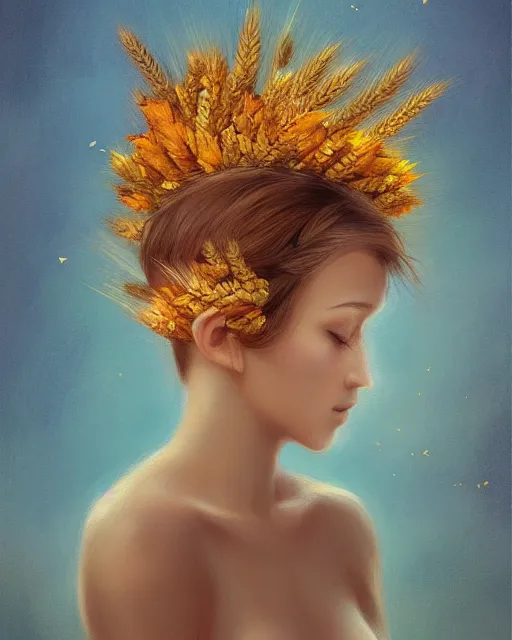 Image similar to goddess of autumn, with wheat ears on her head, half - length head portrait, dreamy, beautiful, by wlop