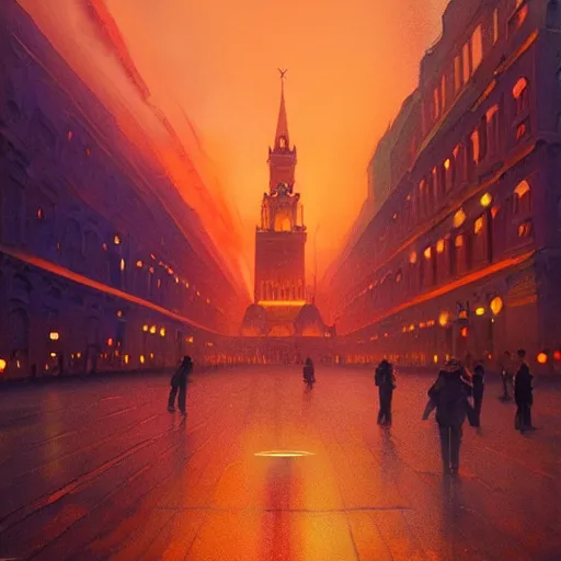 Image similar to a painting of fire on Red Square in Moscow, a watercolor and matte painting by Beeple and RHADS and maxfield parrish, cgsociety, brutalism, dystopian art, sci-fi, artstation hq