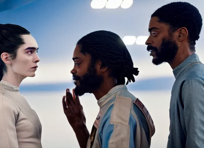 Image similar to first official image from paul thomas anderson's new space opera film starring lakeith stanfield and grimes. shot on alexa mini, stunning cinematography, filmgrain, kodak vision 2 0 0 t, shot composition