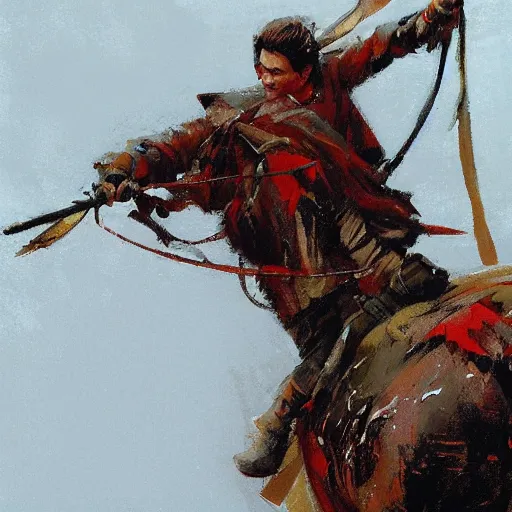 Image similar to portrait of rider wearing gambeson holding bow, detailed by greg manchess, craig mullins, bernie fuchs, walter everett, low angle