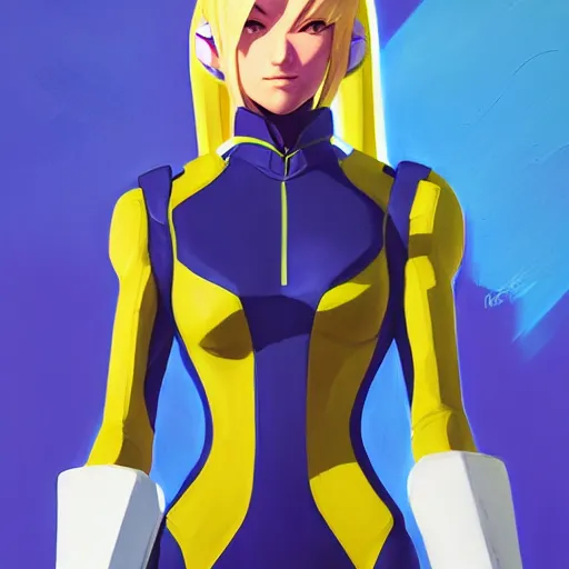 Image similar to portrait of Zero Suit Samus Aran as Overwatch character, medium shot, asymmetrical, profile picture, Organic Painting, sunny day, Matte Painting, bold shapes, hard edges, street art, trending on artstation, by Greg Manchess and Huang Guangjian and Loish and Gil Elvgren and Sachin Teng